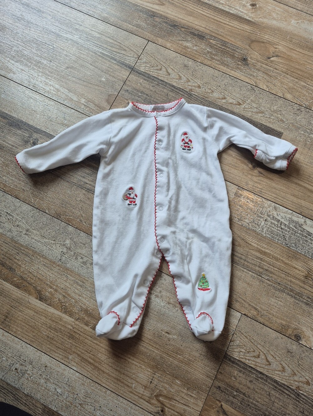 Kissy Kissy White Footed One-Piece with Red Trim and Holiday Embroidery